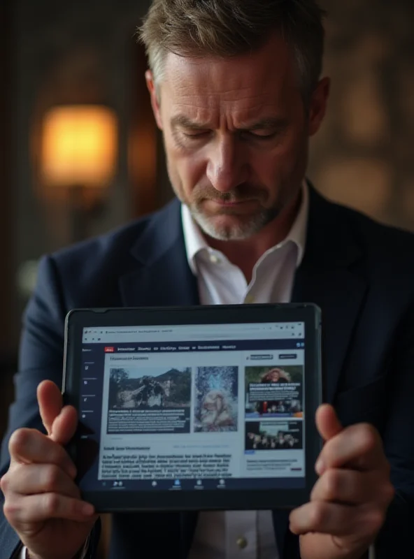 A worried-looking voter reading a news article about tariffs on a tablet.