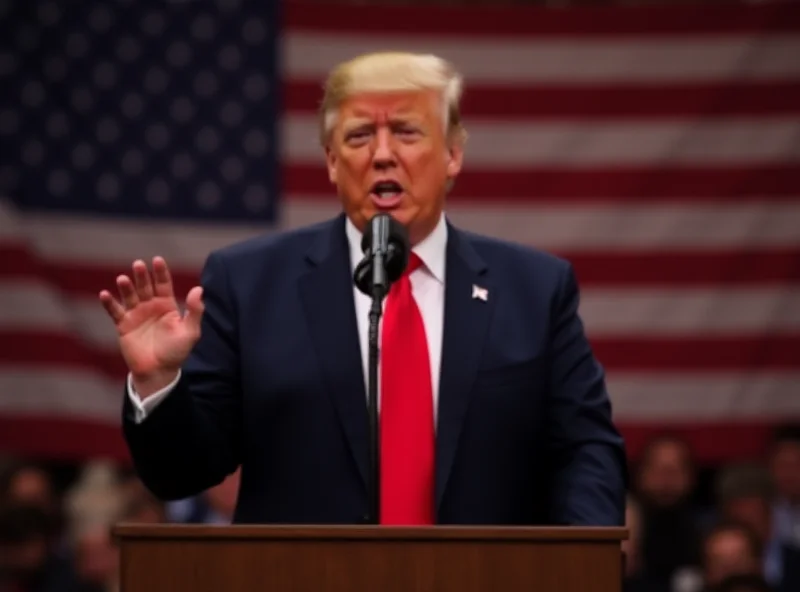 Donald Trump speaking at a podium with an American flag behind him.