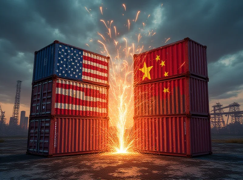 Illustration of trade war with tariffs between the US and China, showing shipping containers with flags of both countries.