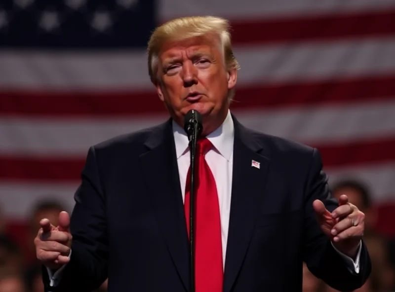 Donald Trump speaking at a rally with a serious expression.