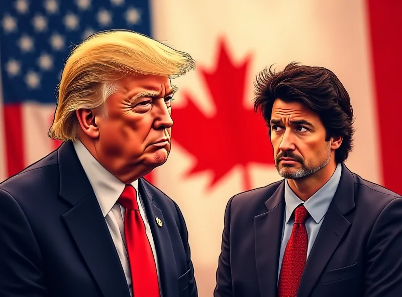 Illustration of Donald Trump talking while Justin Trudeau stands beside him, looking displeased. The American and Canadian flags are in the background, with a subtle suggestion of a '51st state' flag.