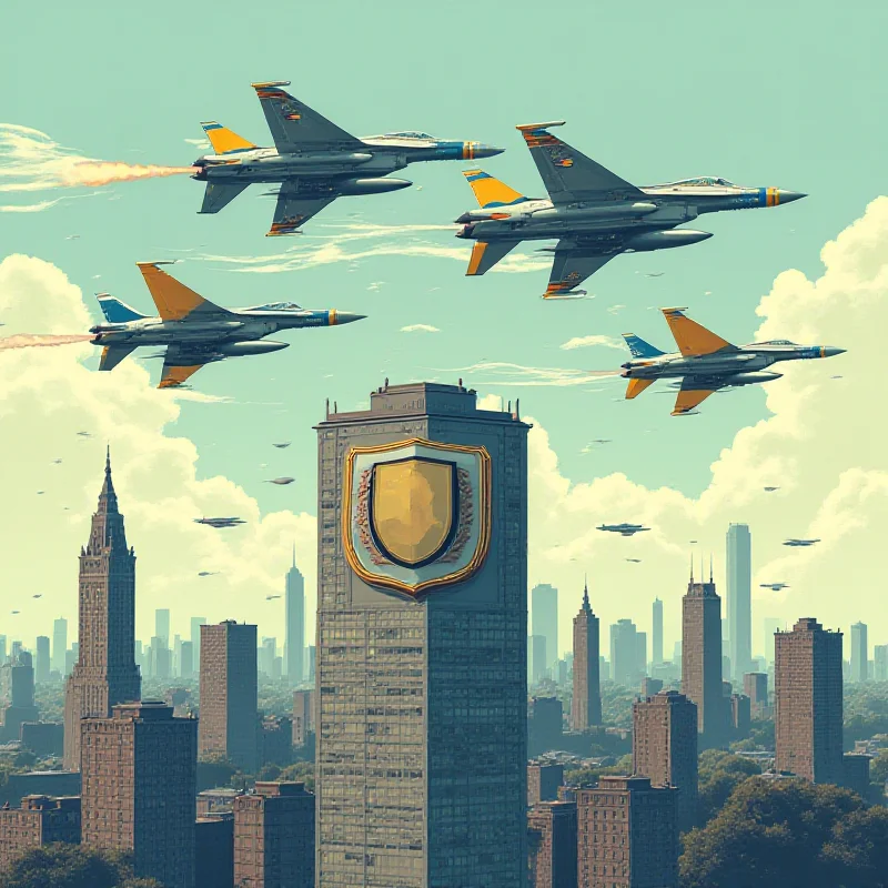 Illustration of fighter jets flying in formation over Kyiv, with a stylized shield protecting the city from missile attacks. European flags are subtly incorporated into the jets.