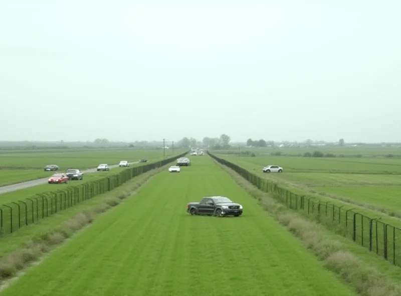 Image of the US-Canada border fence with border patrol vehicles visible.