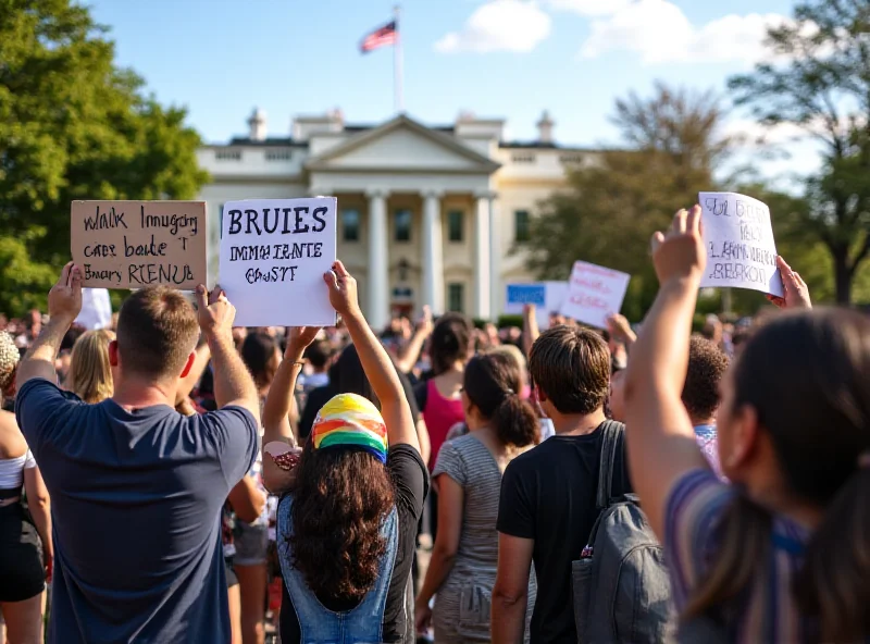 A diverse group of people protesting in front of the White House, holding signs related to immigration and transgender rights.