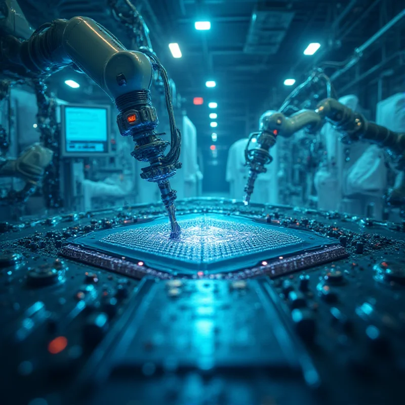 A futuristic chip manufacturing facility with robotic arms and advanced technology.