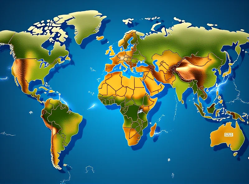 Illustration of a world map with interconnected trade routes and geopolitical tensions.