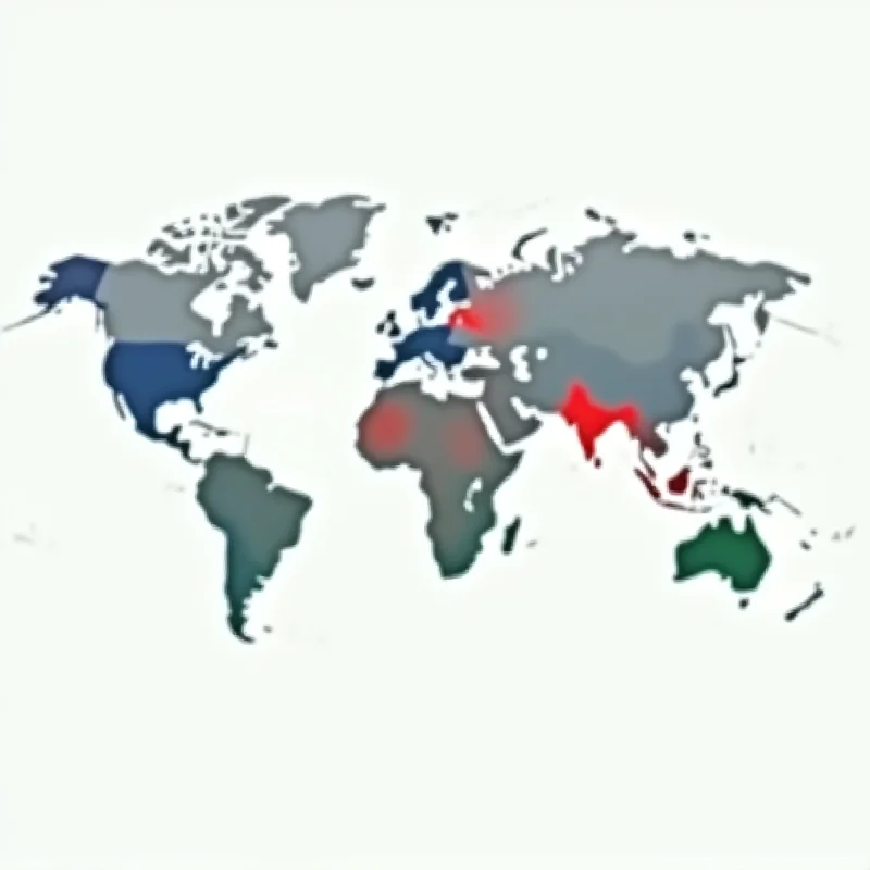 A world map with highlighted regions representing the United States, China, and Europe, connected by dotted lines symbolizing trade routes and interconnected economies.