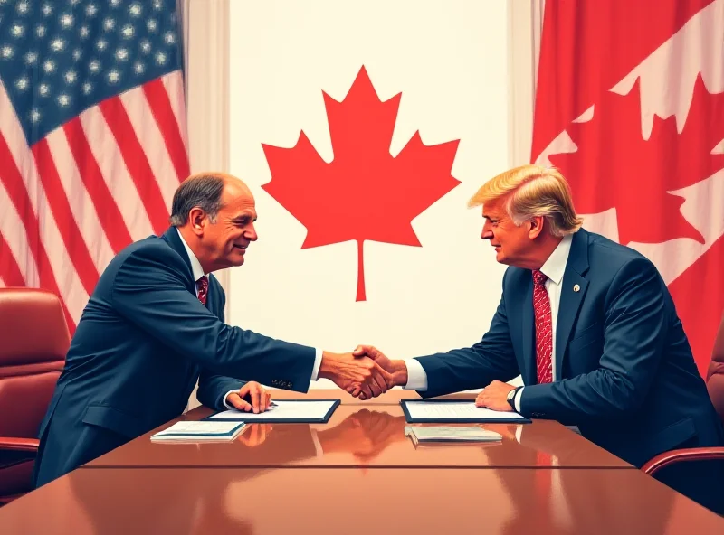 Illustration of trade negotiations between the US and Canada, featuring a handshake and flags.