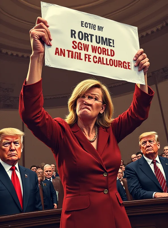 Illustration of a politician holding up a protest sign in a congressional chamber.