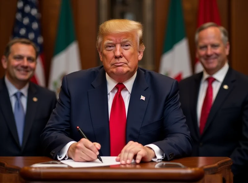 Donald Trump signing trade agreement with representatives from Mexico and Canada.