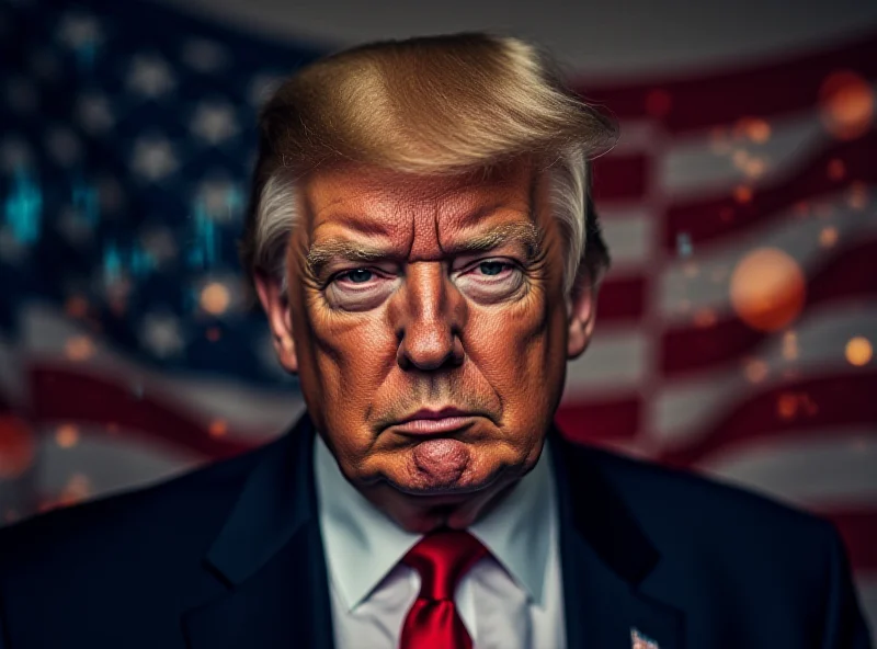 Image of Donald Trump with a stern expression, standing in front of the American flag, with overlaid graphics representing tariffs and trade routes.