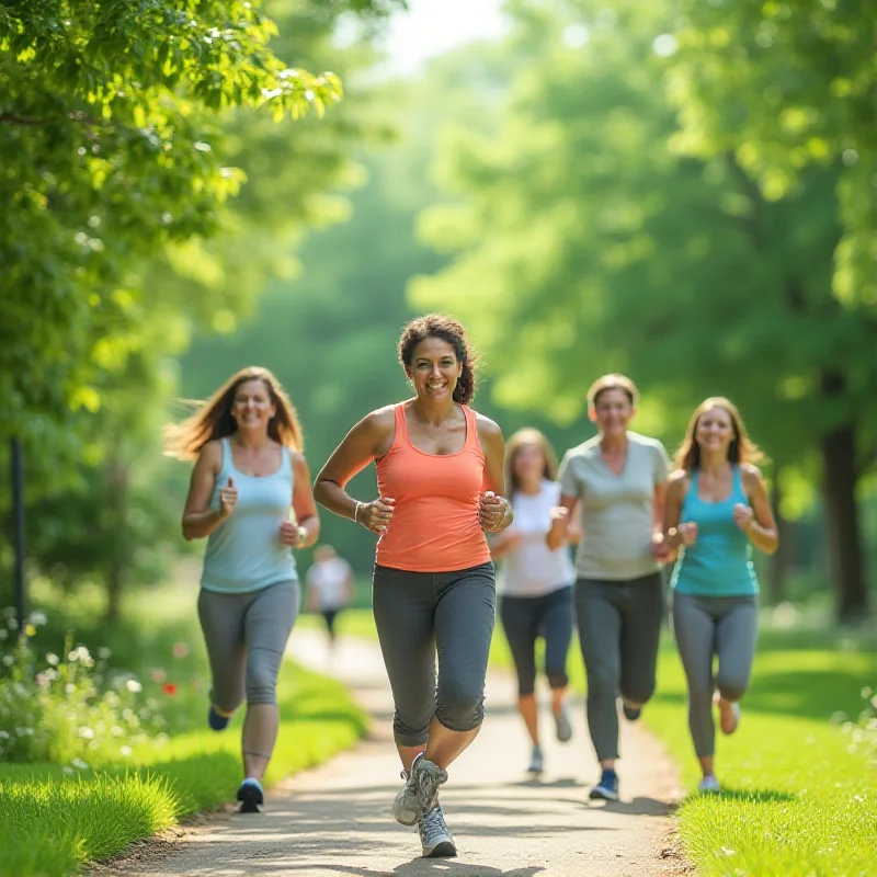 A group of diverse people exercising outdoors in a park, surrounded by lush greenery, representing the goals of the Make America Healthy Again movement.