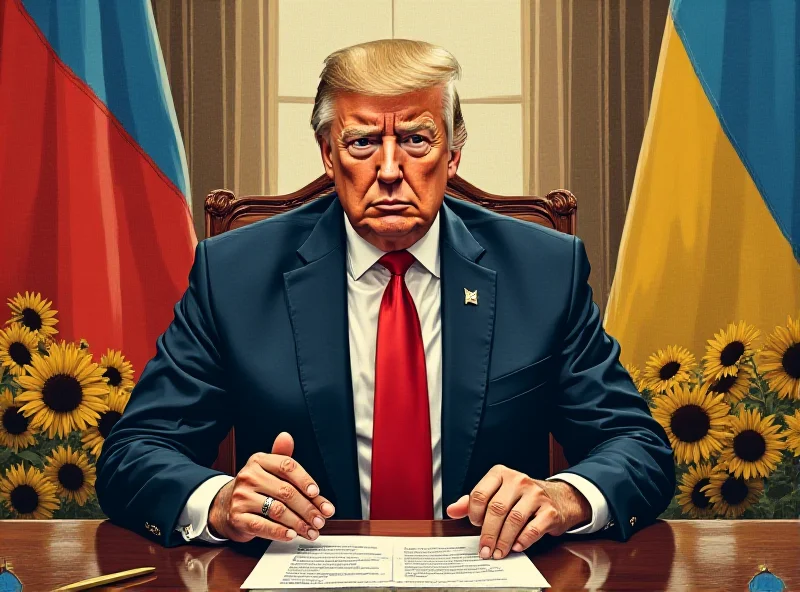 Illustration of Donald Trump at a negotiating table, with symbols representing Russia and Ukraine in the background.