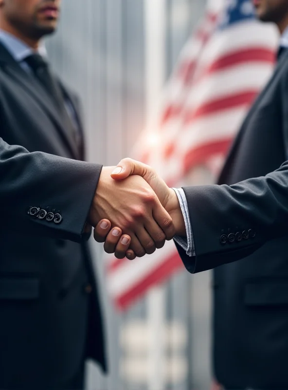 A stylized image showing a handshake between a businessman in a suit and a tech CEO in casual attire, with the US flag subtly in the background.