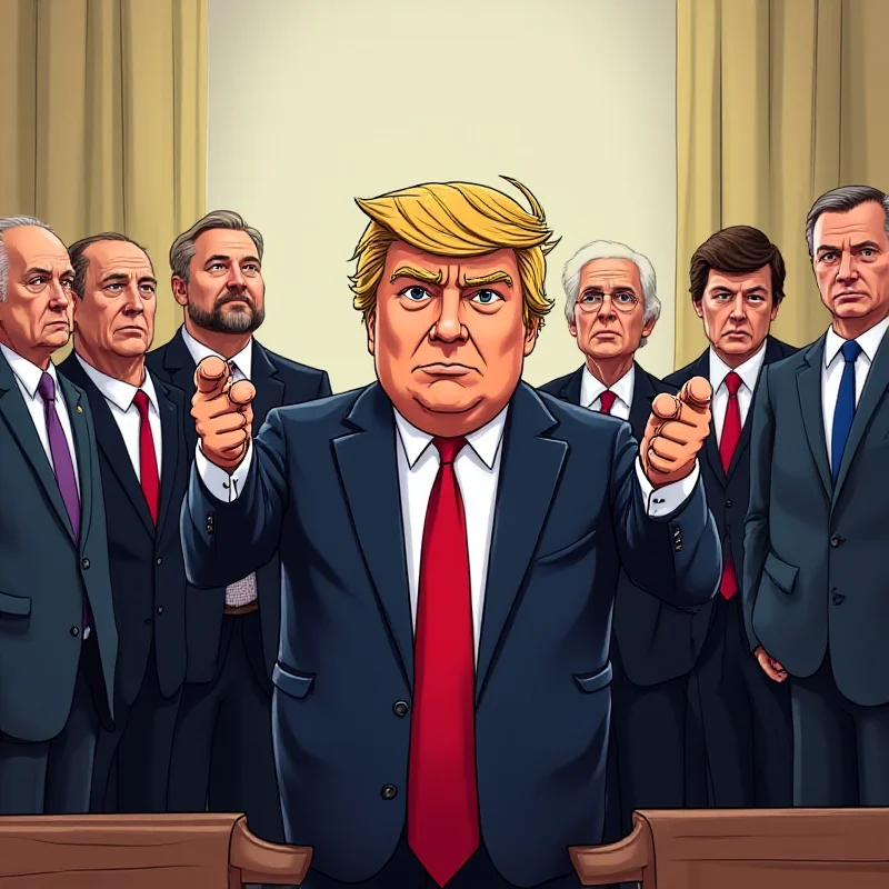 A cartoon-style image depicting Donald Trump pointing towards his cabinet members, while Elon Musk stands slightly behind them looking surprised.