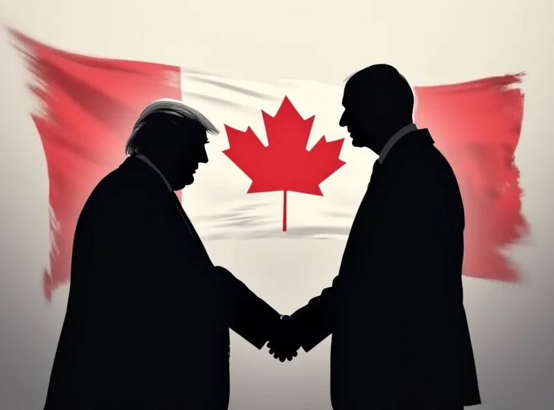 Illustration of a Canadian flag waving in front of a silhouette of Donald Trump and Jeff Bezos shaking hands.