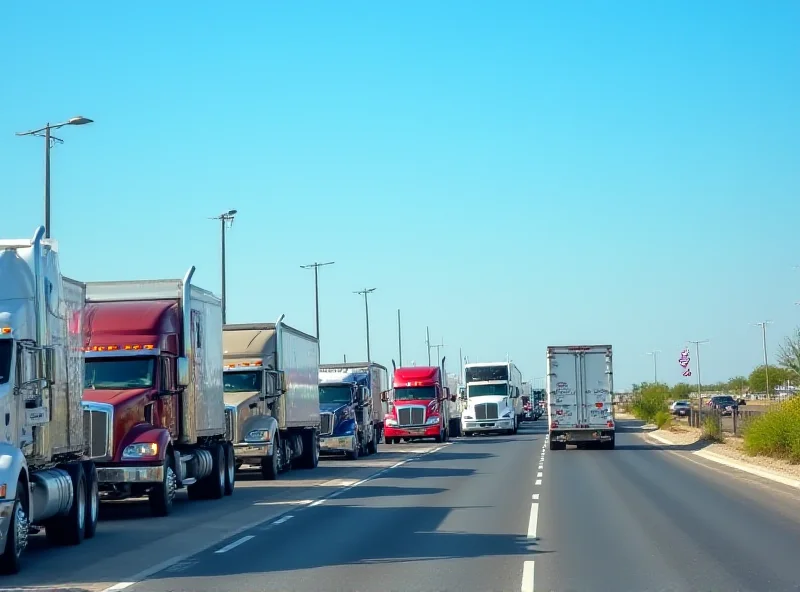 Trucks lined up at the US-Mexico border, waiting to cross with goods. American and Mexican flags are visible.