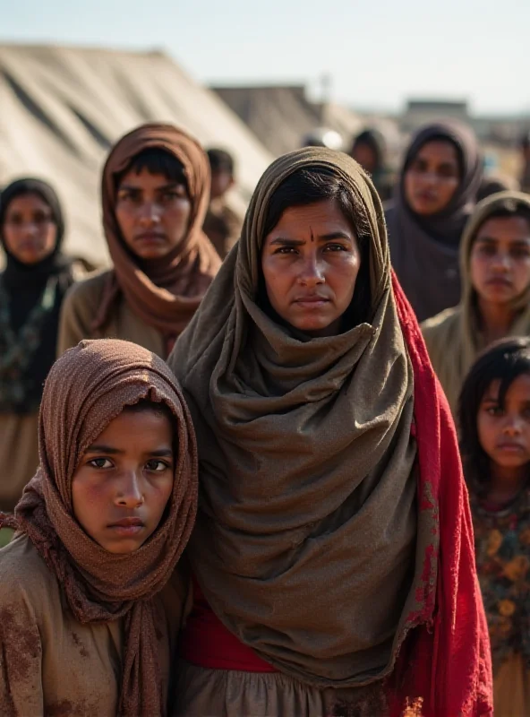 A group of refugees, including women and children, standing in a camp. They look weary and hopeful.