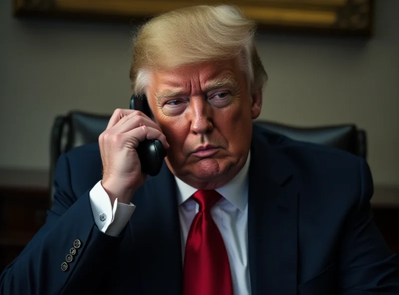 Donald Trump on the phone, looking determined. The background is blurred, suggesting a busy office.