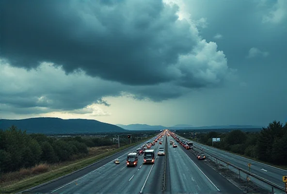 A visual representation of the US-Canada border with storm clouds looming over it, symbolizing trade tensions.