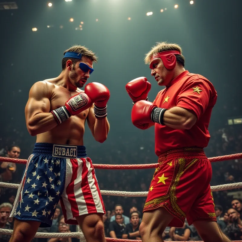 A stylized image of a boxing match between the United States and China, symbolizing the trade war, with tariffs as boxing gloves.