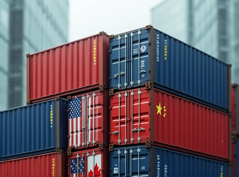 Conceptual image of tariffs and trade barriers between the US and other countries, represented by shipping containers and flags.