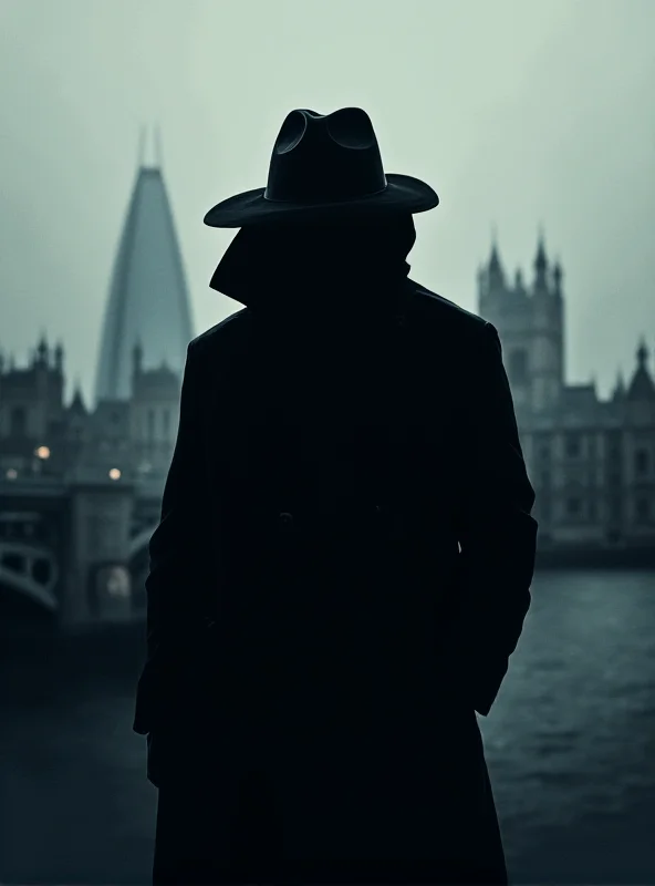 An illustration depicting a shadowy figure representing espionage, with London landmarks in the background.