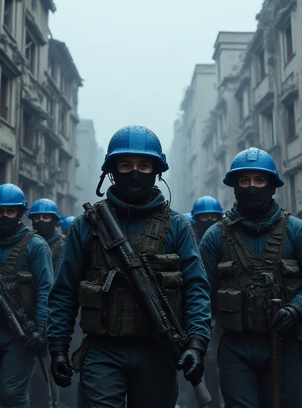 A group of peacekeepers in blue helmets standing near a damaged building in Ukraine.