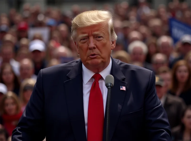 Donald Trump addressing a crowd with a serious expression.