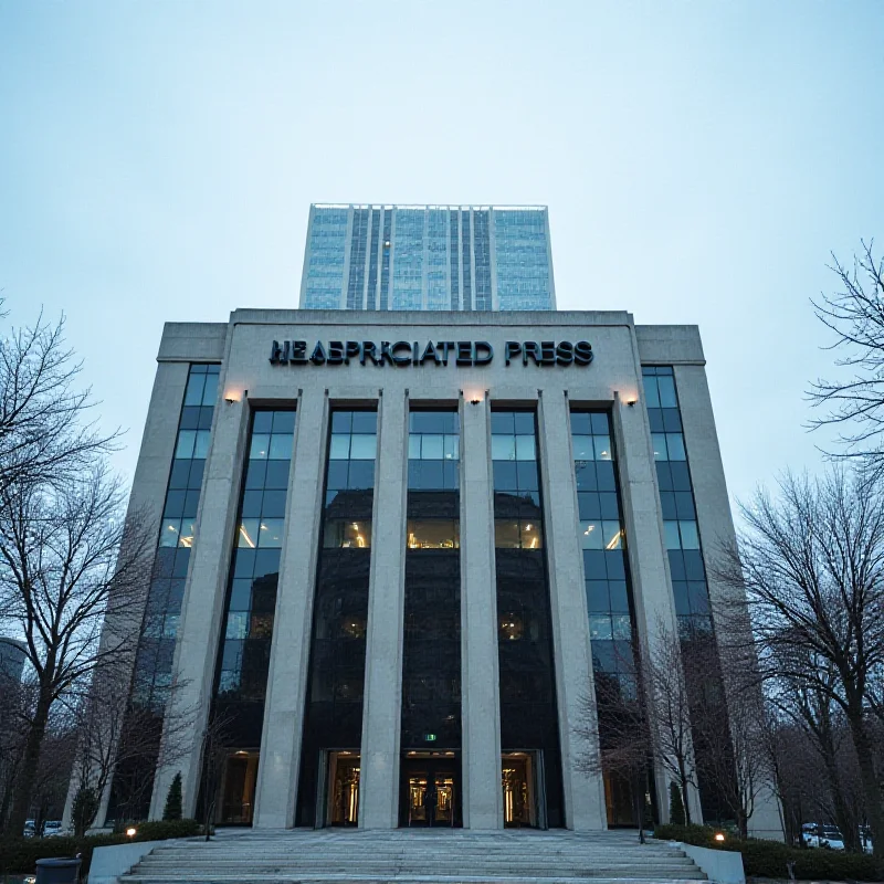 The Associated Press logo displayed on a building with a serious and professional tone.