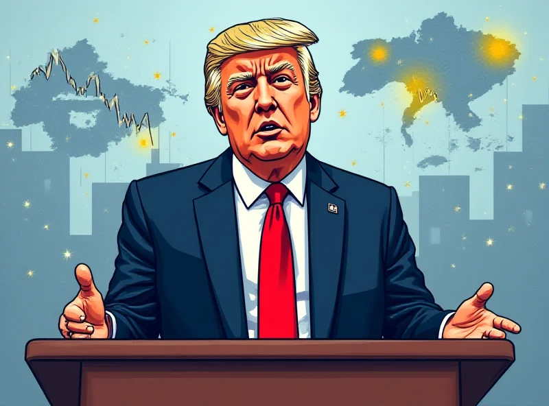 Illustration of Donald Trump speaking at a podium with a confused expression, overlaid with financial charts and maps of Ukraine.