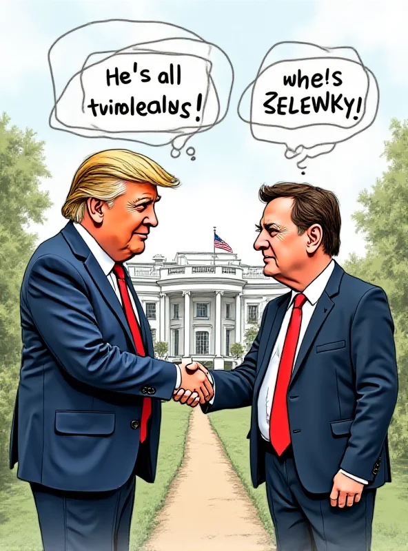 A cartoon depicting Trump and Zelensky shaking hands, with Trump wearing a suit and Zelensky in athleisure. Speech bubbles show Trump saying 'He's all dressed up!' and Zelensky smiling nervously.