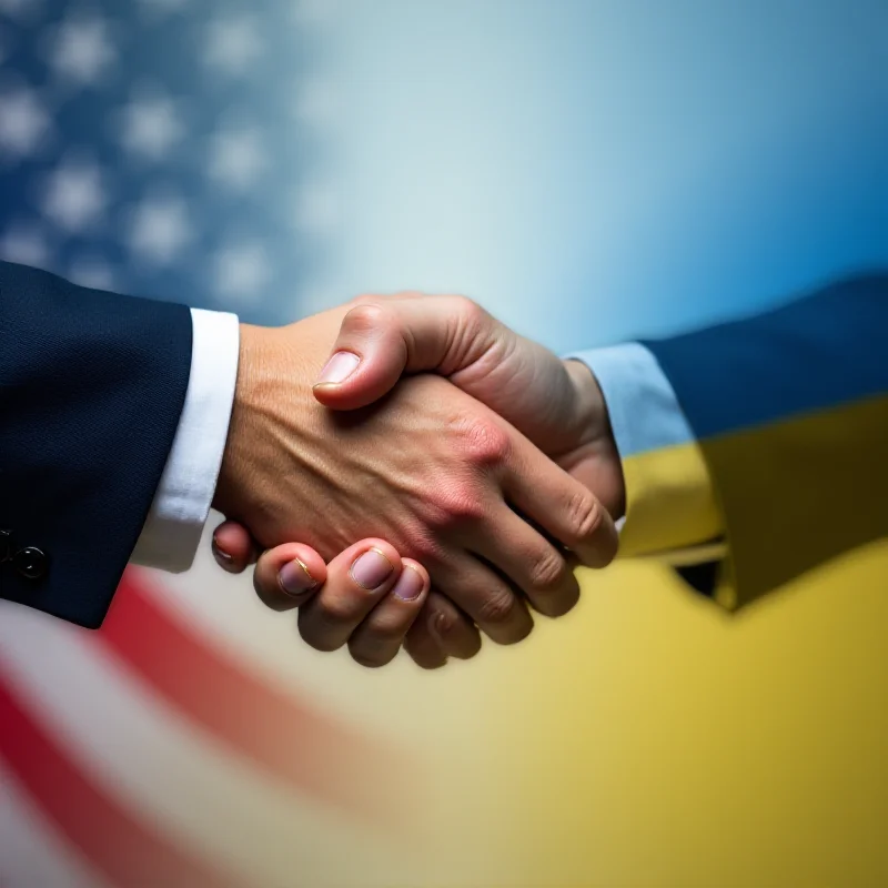 A handshake between two individuals symbolizing the United States and Ukraine, with the American and Ukrainian flags subtly blended into the background.