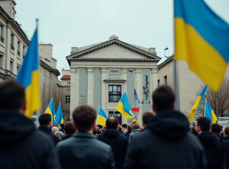 A slightly blurred image depicting a protest in Marseille, France, with Ukrainian flags waving prominently. In the background, damage to a building is visible, suggesting the Russian consulate.