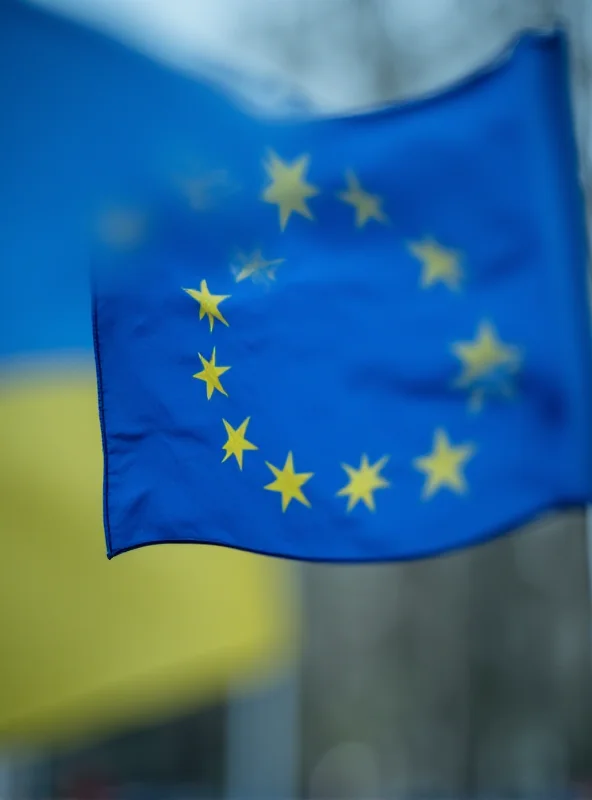 European Union flag with Ukrainian flag in the background.