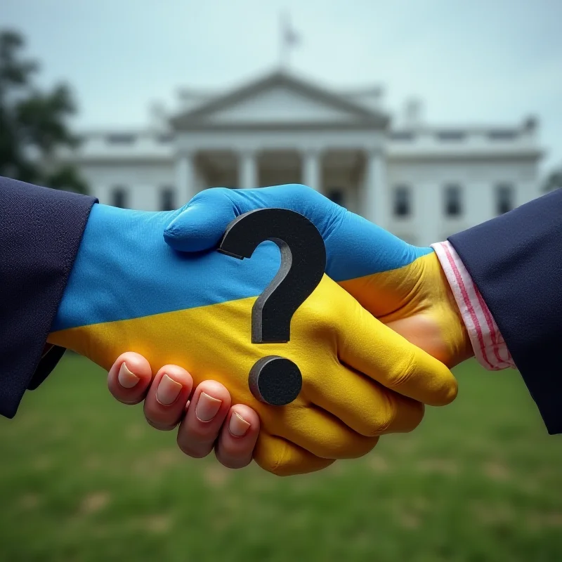 Conceptual image of a handshake between the US and Ukraine with a question mark