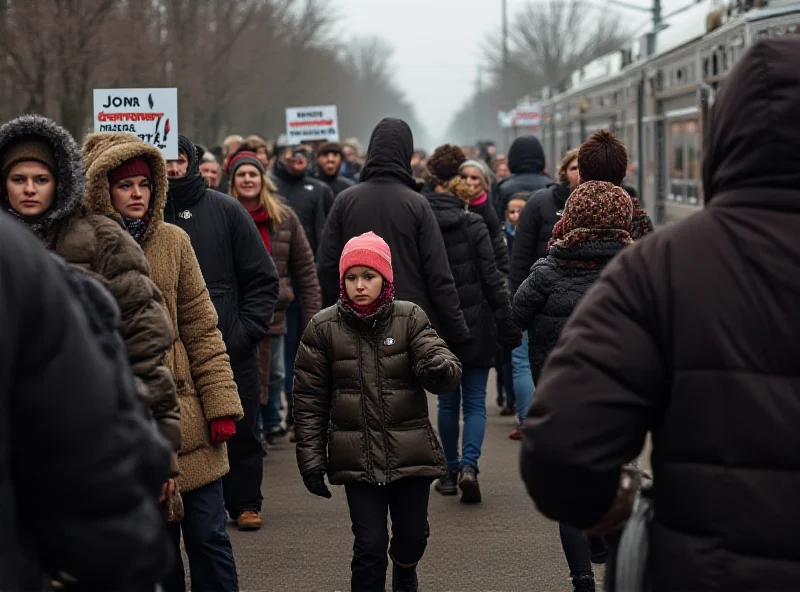 A group of Ukrainian refugees arriving at a train station.