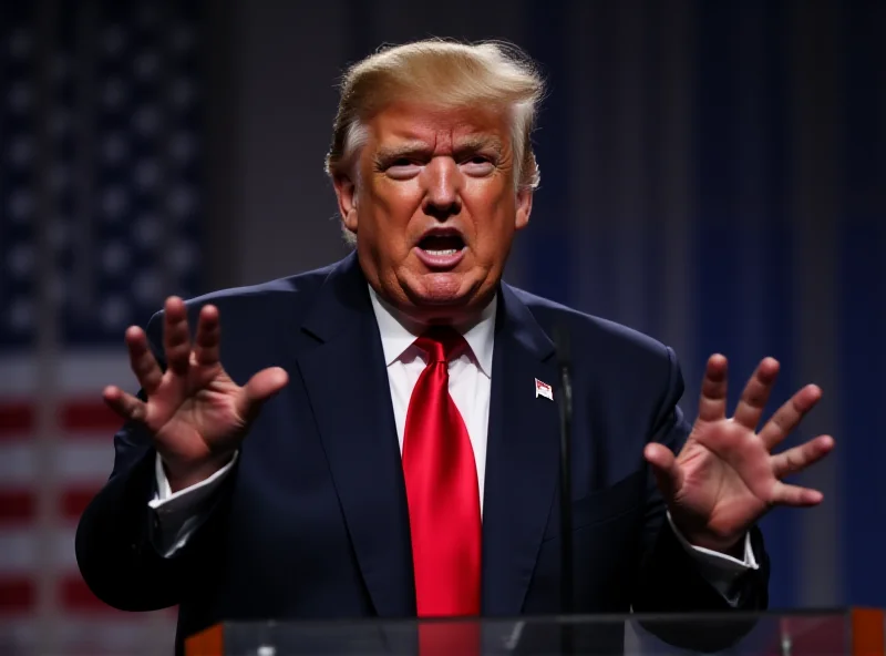 Donald Trump at a podium, speaking with a determined expression. The background is blurred, suggesting a political rally or press conference.