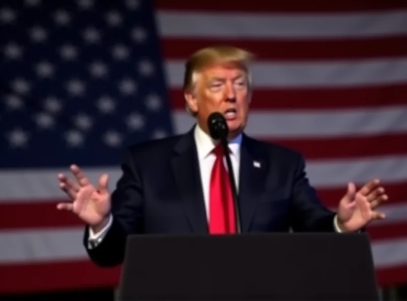 Donald Trump speaking at a podium with an American flag in the background.