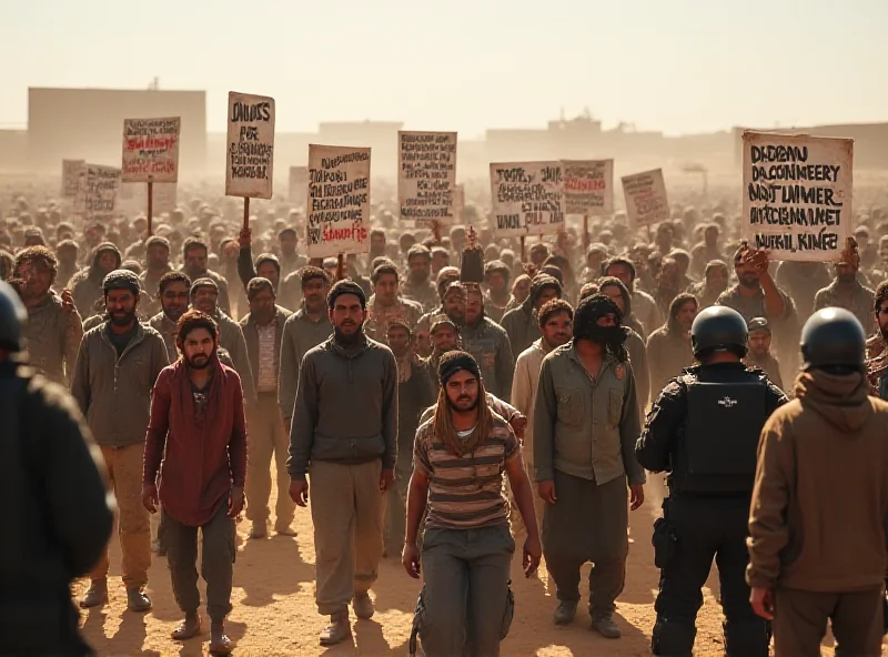 A group of refugees protesting in a refugee camp, holding signs and looking distressed.