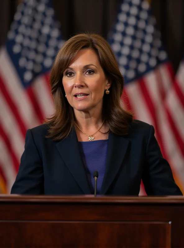 Senator Elissa Slotkin giving a speech at a podium, with American flags in the background.