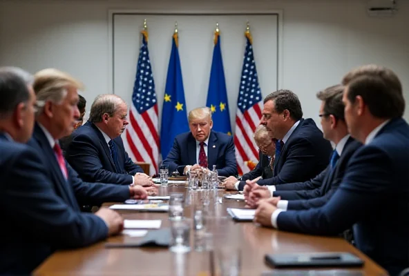 An AI generated image of a tense meeting between EU and US officials, with flags of the European Union and the United States in the background. The atmosphere is serious and uncertain.