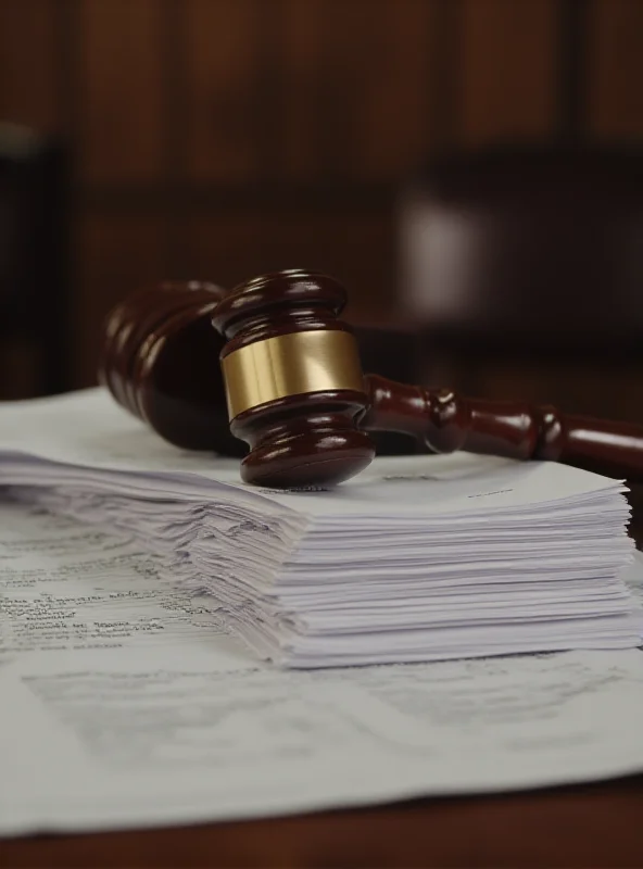 A gavel resting on a stack of legal documents in a courtroom setting, symbolizing legal challenges and court rulings.