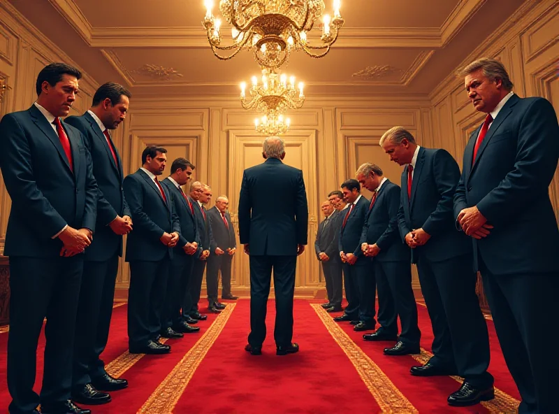 Illustration of wealthy men bowing before a figure resembling Donald Trump.