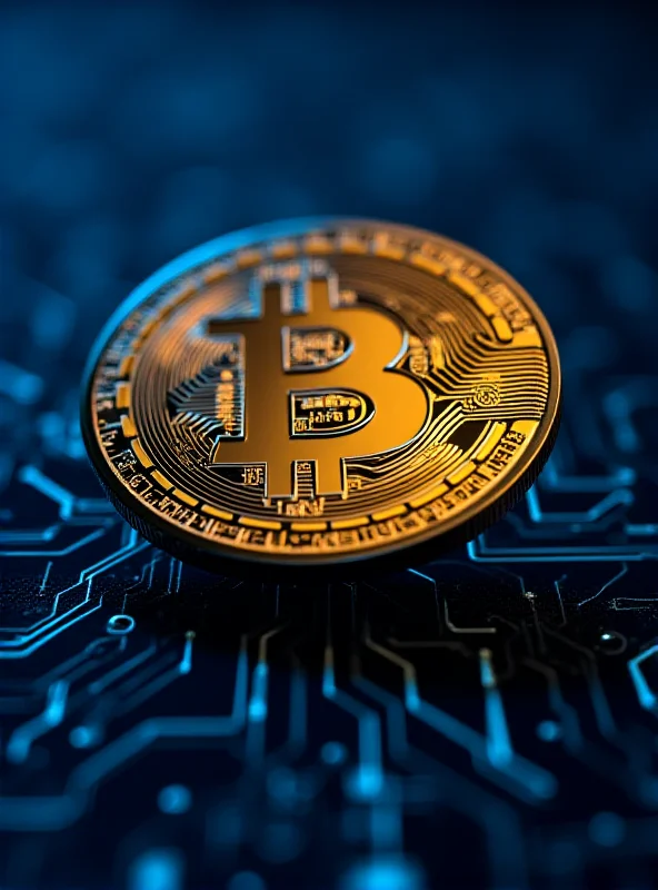 A stylized image representing cryptocurrency, with a golden coin featuring the letter 'C' floating above a circuit board pattern. The background is a deep blue.