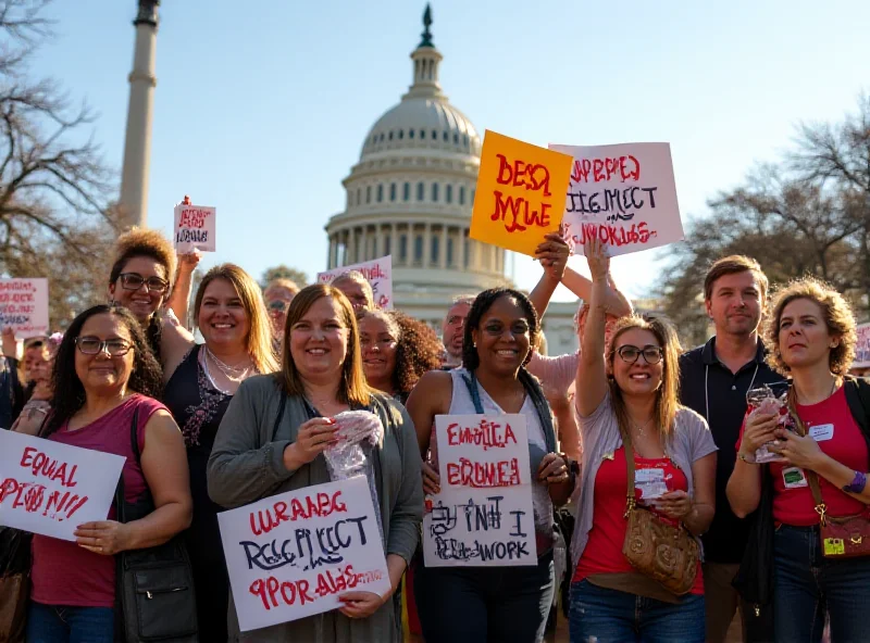 A diverse group of people standing together, holding signs with slogans advocating for worker rights and fair treatment. The background shows the US Capitol building.