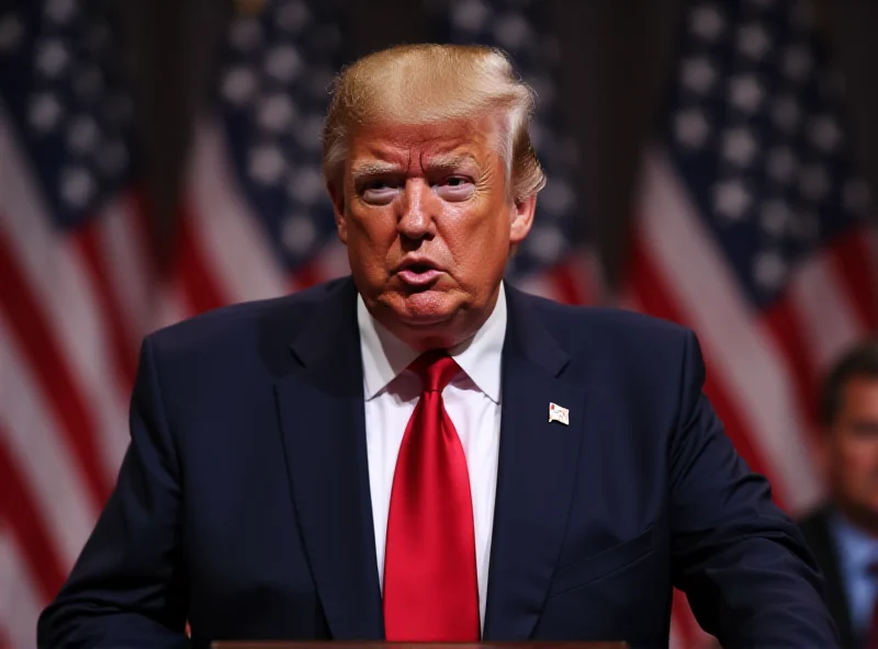 Donald Trump speaking at a podium with a stern expression.