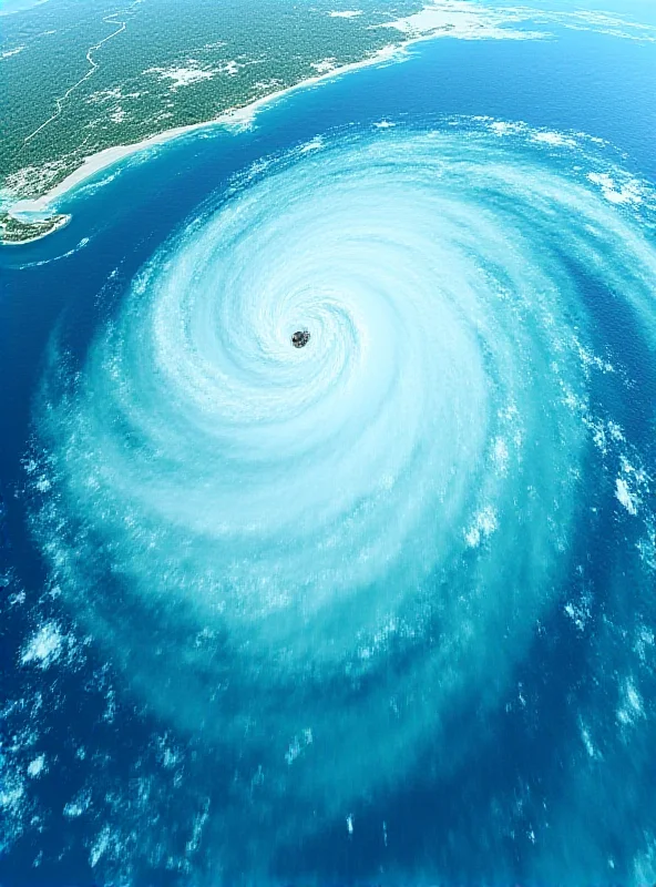 Satellite image of a tropical cyclone approaching a coastline.