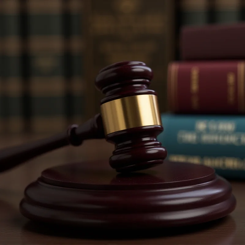 A gavel resting on a wooden block in a courtroom setting.