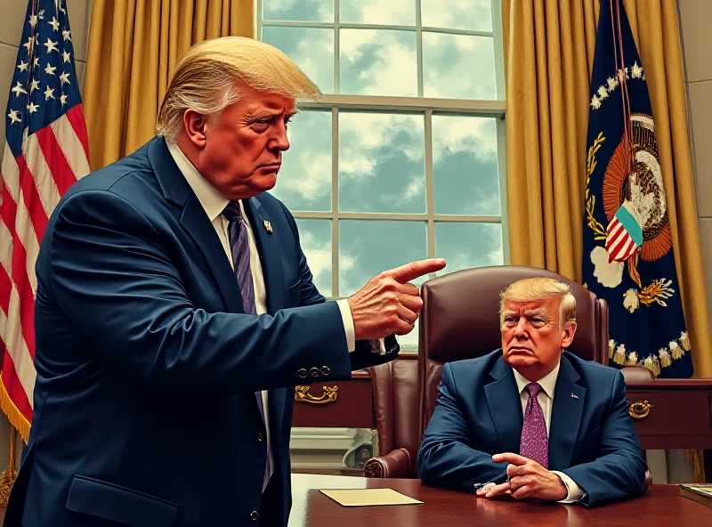 Illustration of a tense meeting between Donald Trump and Volodymyr Zelensky in the Oval Office, with stern expressions.